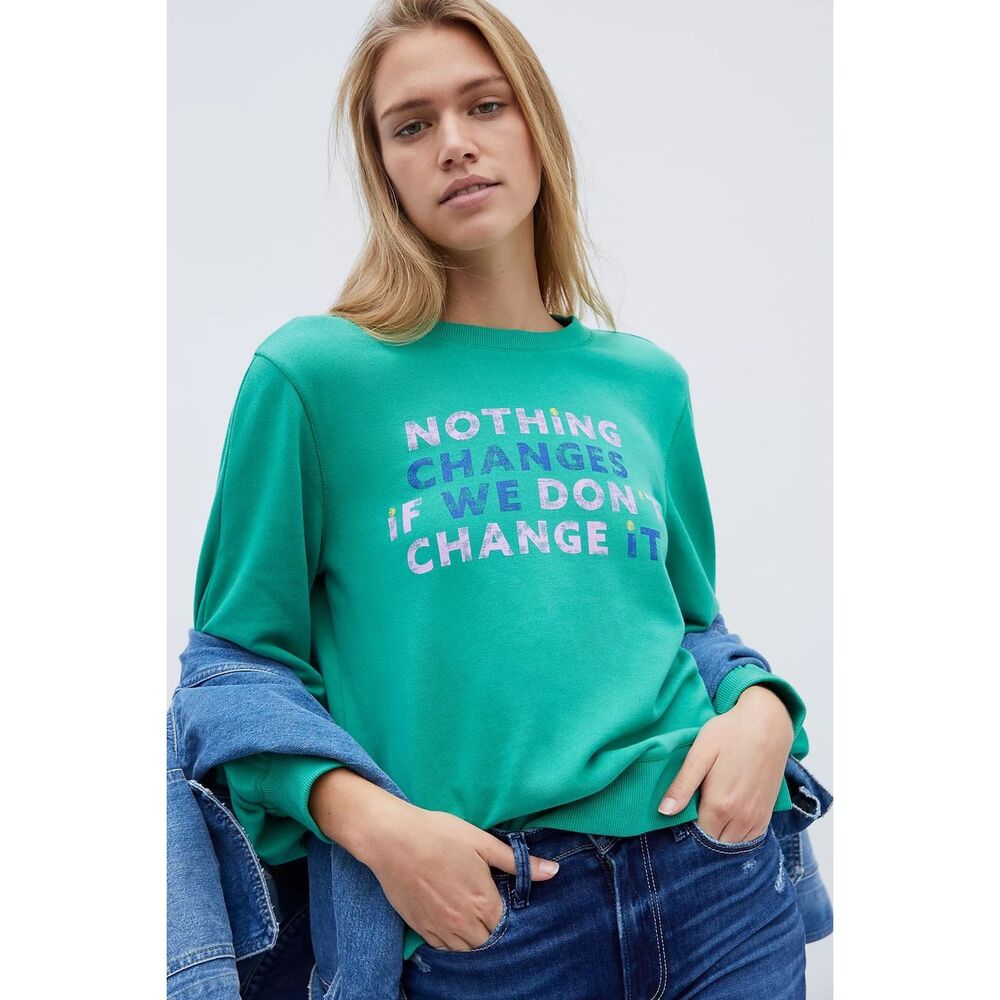 Anthropologie Maeve If We Don’t Change It Graphic Sweatshirt Green Size Medium